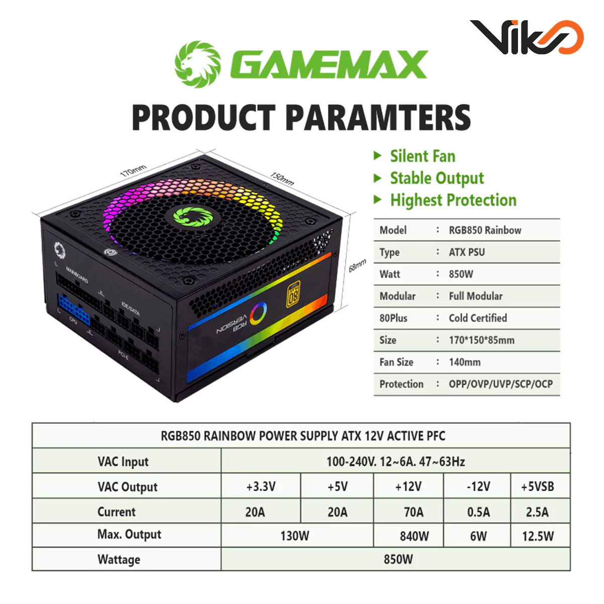 منبع تغذیه کامپیوتر گیم مکس مدل RGB850 Rainbow