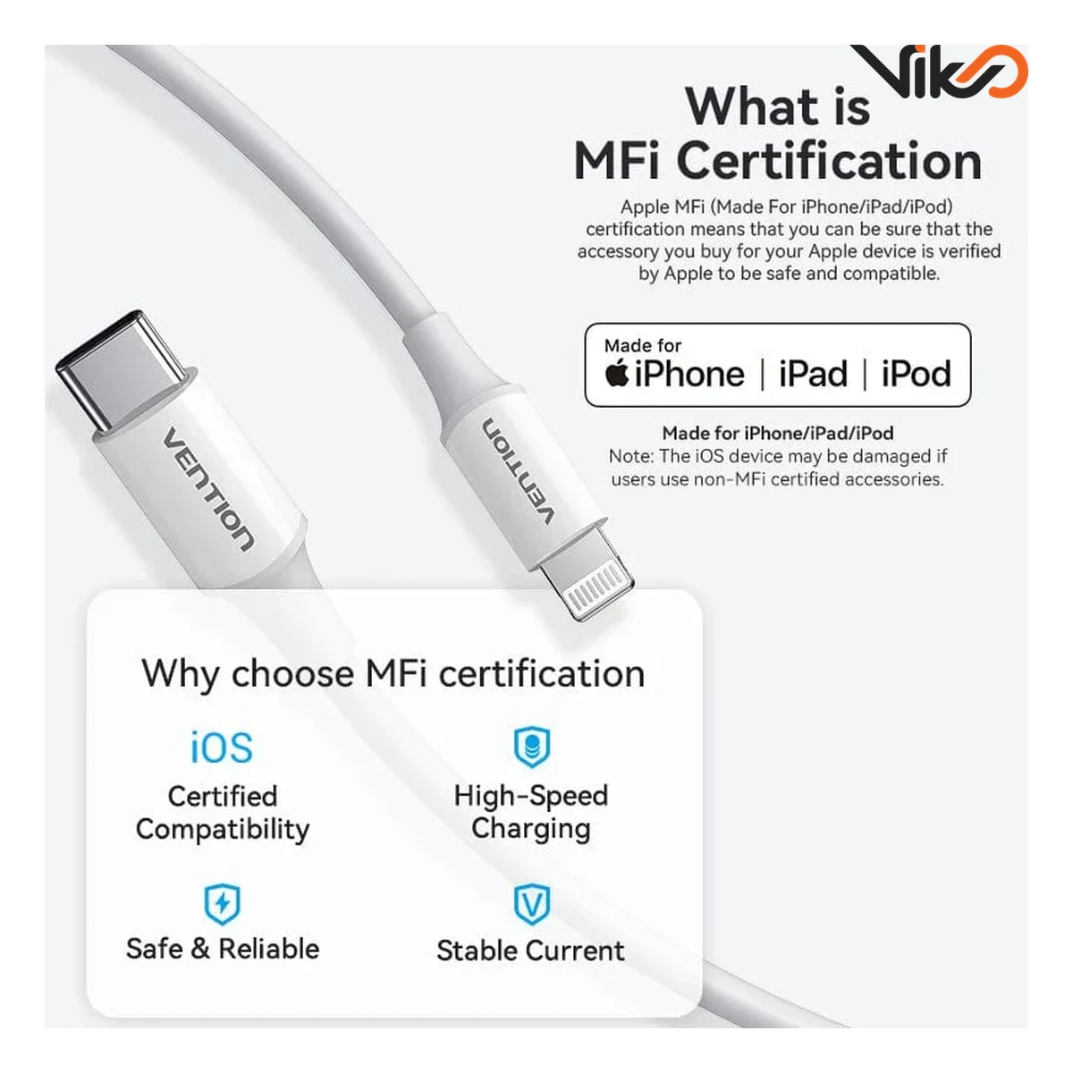 کابل شارژ C Male to Lightning ونشن مدل TASWF طول 1 متر